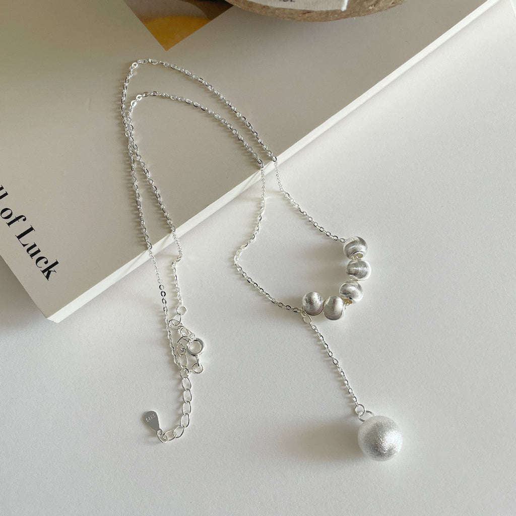 S925 sterling silver round bead tassel pendant necklace - silvery