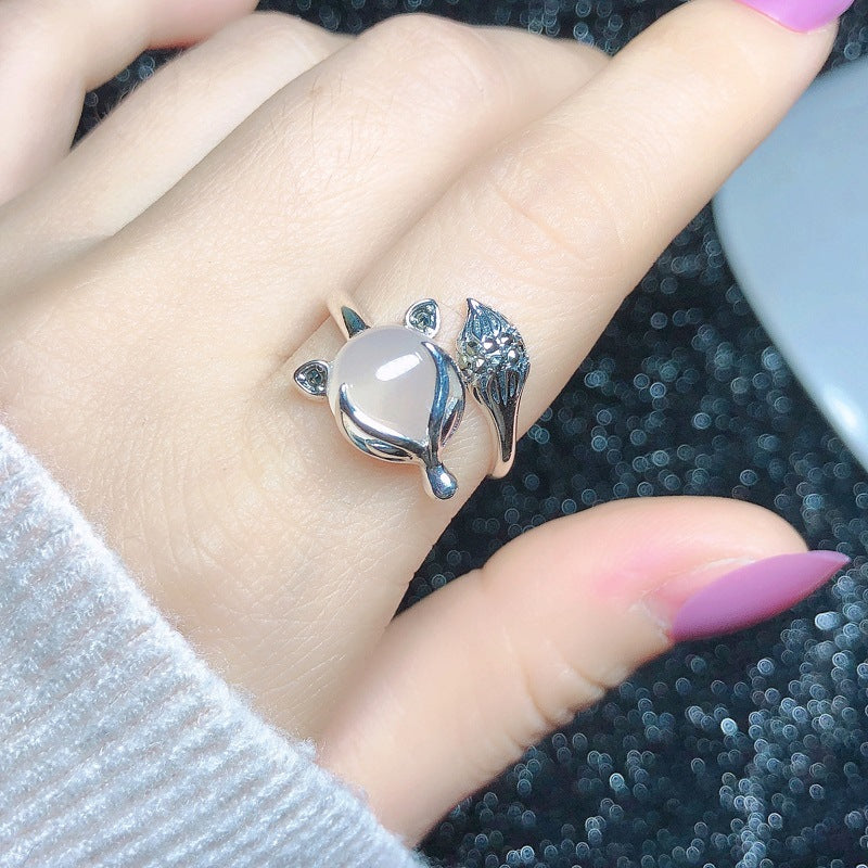925 sterling silver white jade marrow fox opening ring - silvery