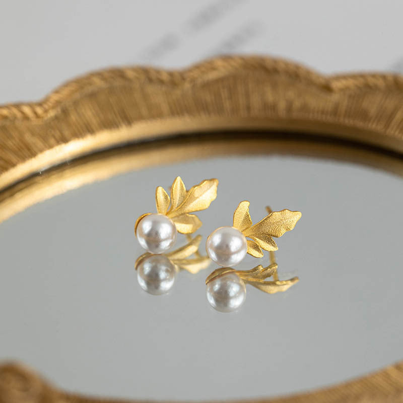 925 sterling silver freshwater pearl leaf earrings - golden