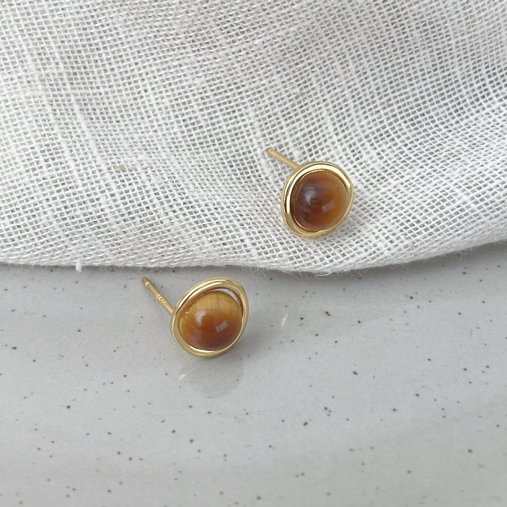 S925 sterling silver tiger eye stone earrings - golden