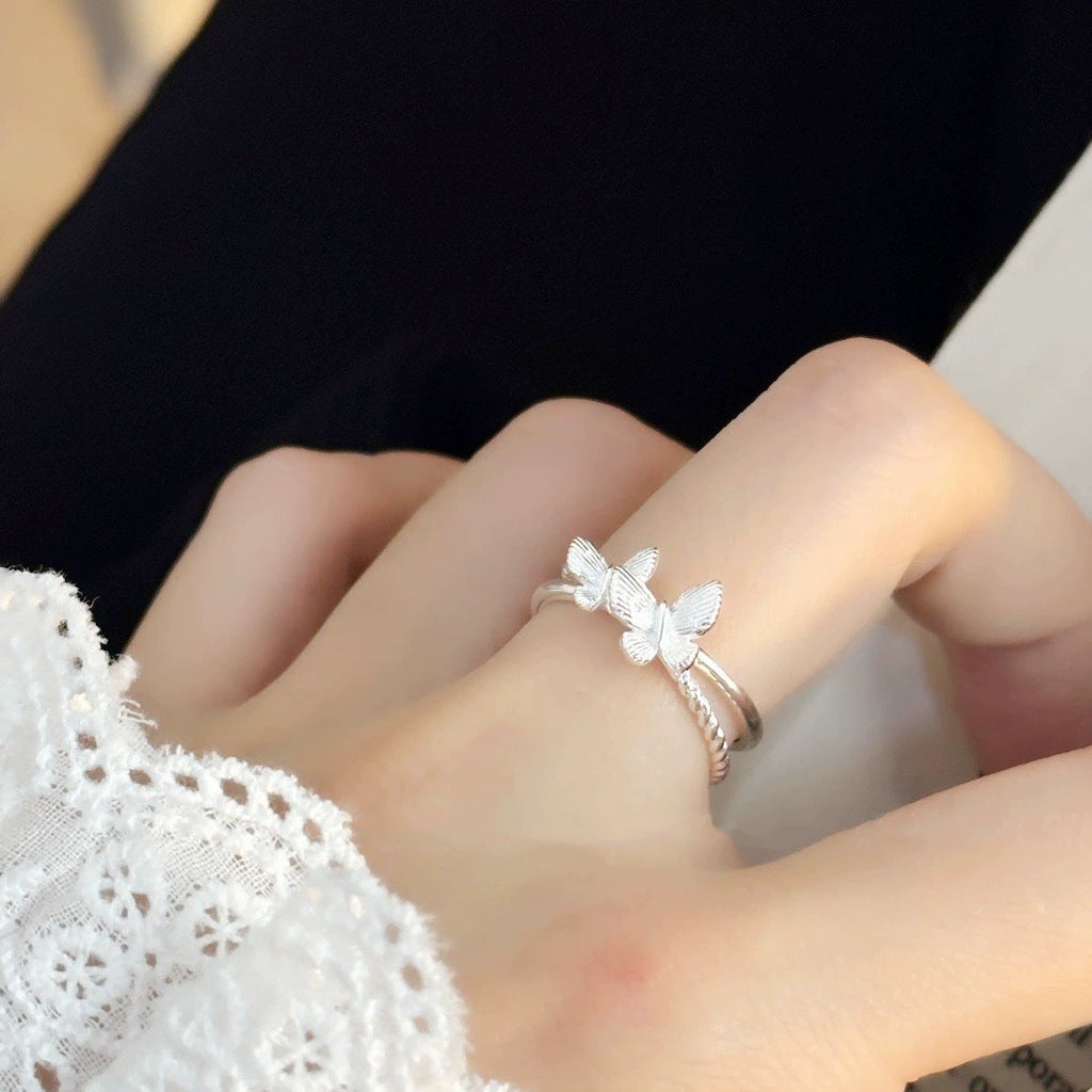 S925 sterling silver double butterfly opening ring