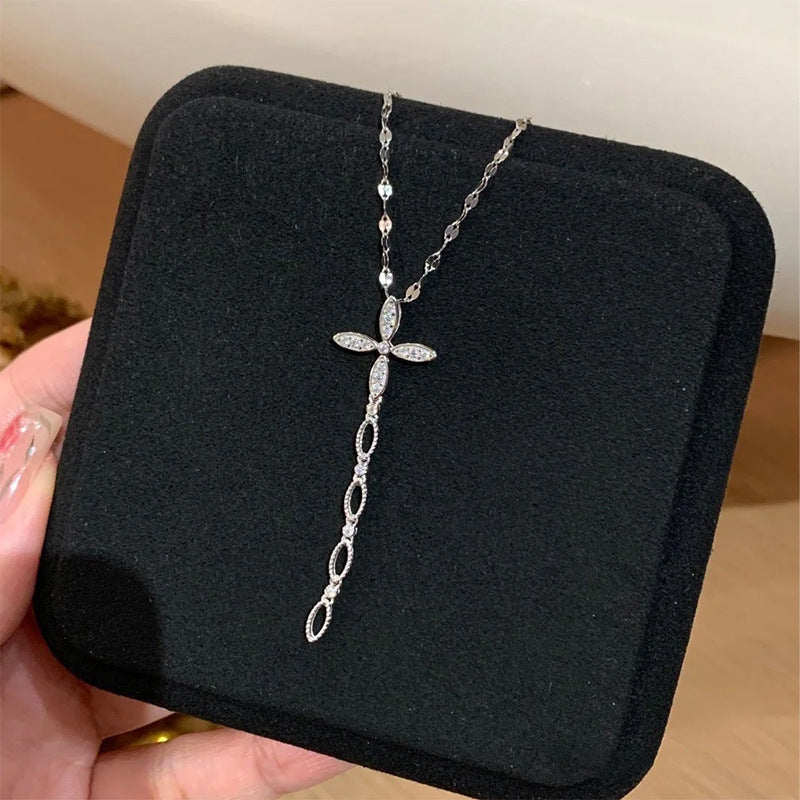 S925 sterling silver cross tassel pendant necklace - silver