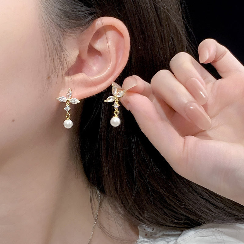S925 pure silver imitation pearl pendant earrings