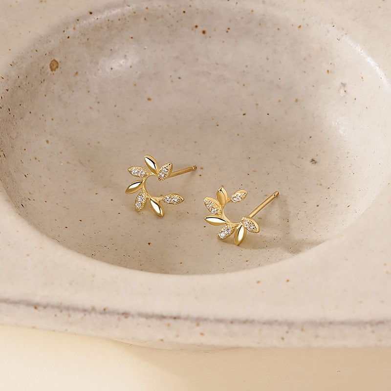 925 Sterling Silver Leaf Stud Earrings with Zirconia Inlay