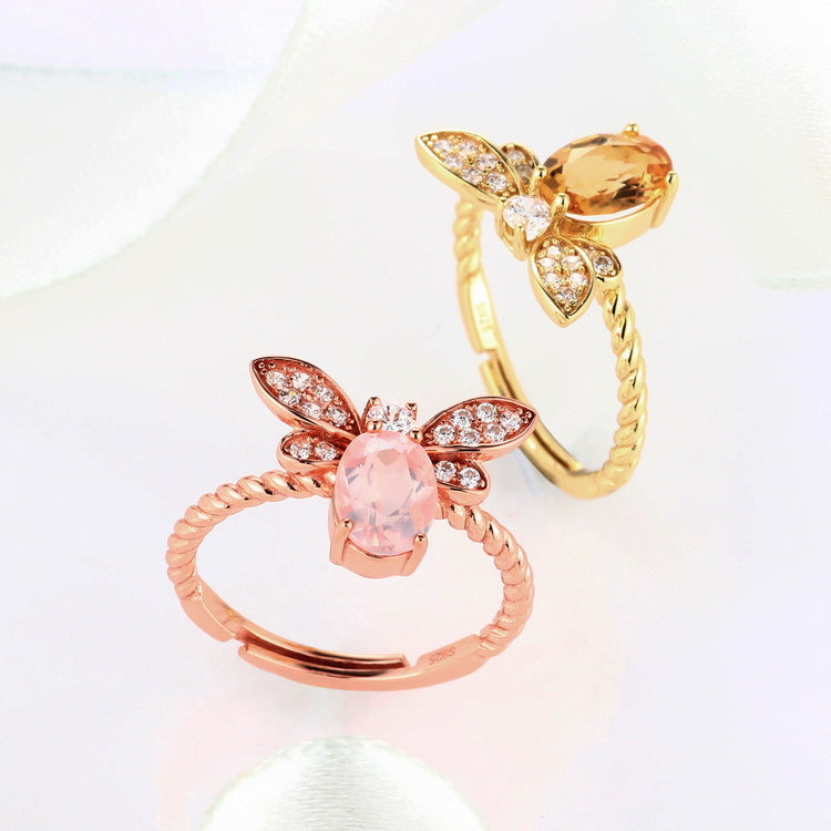 S925 Sterling Silver Plated with Golden Crystal Bee Ring