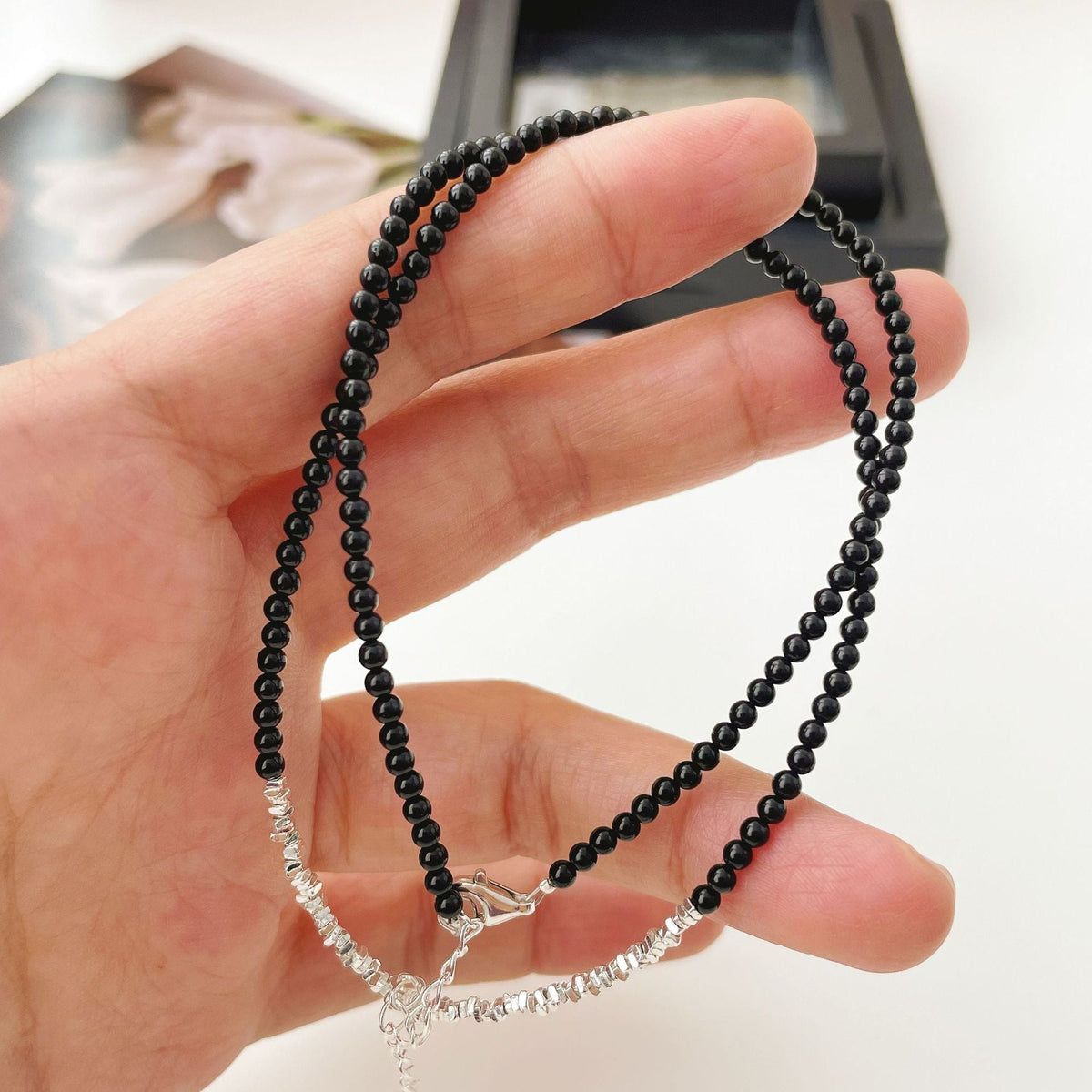 925 sterling silver black agate bead necklace