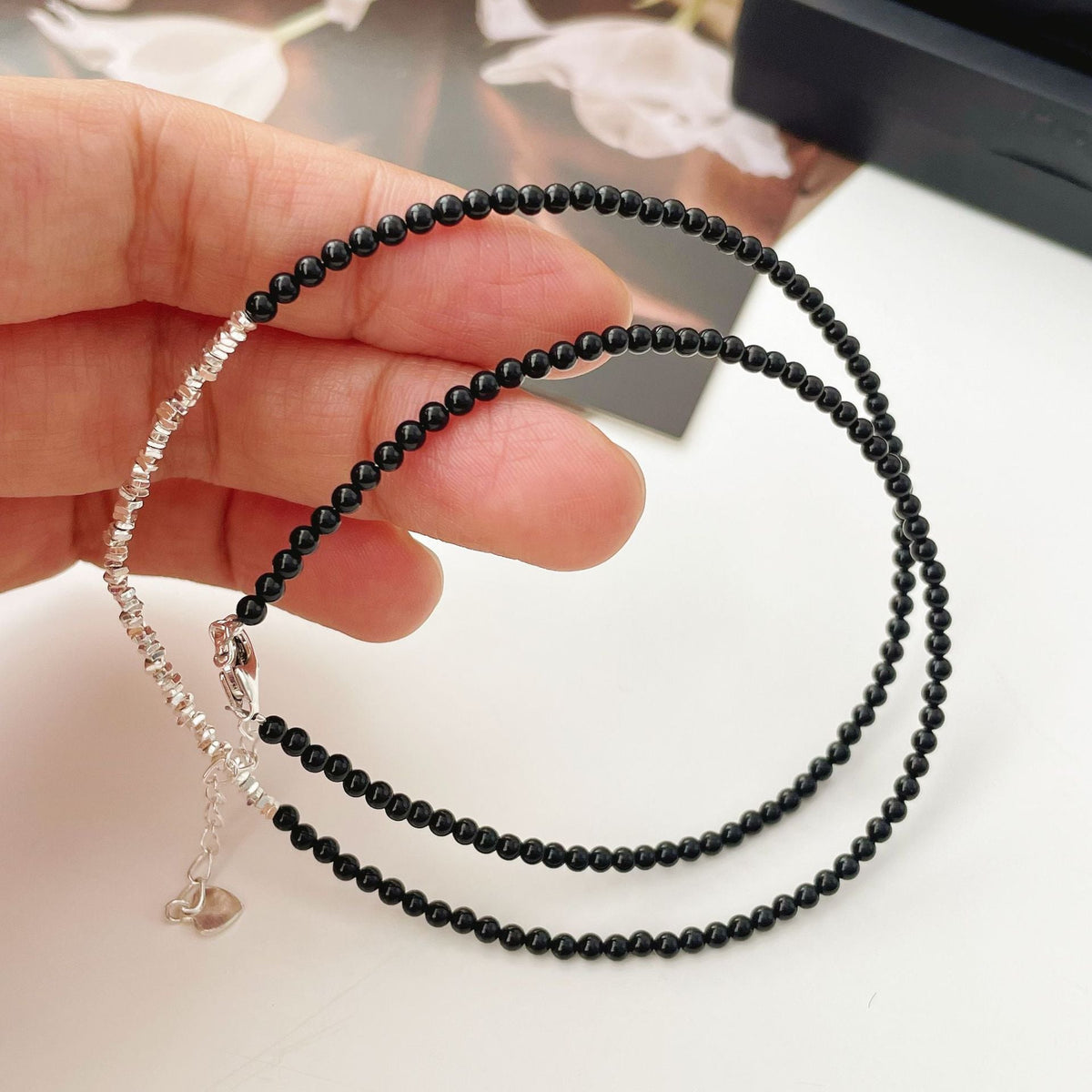 925 sterling silver black agate bead necklace
