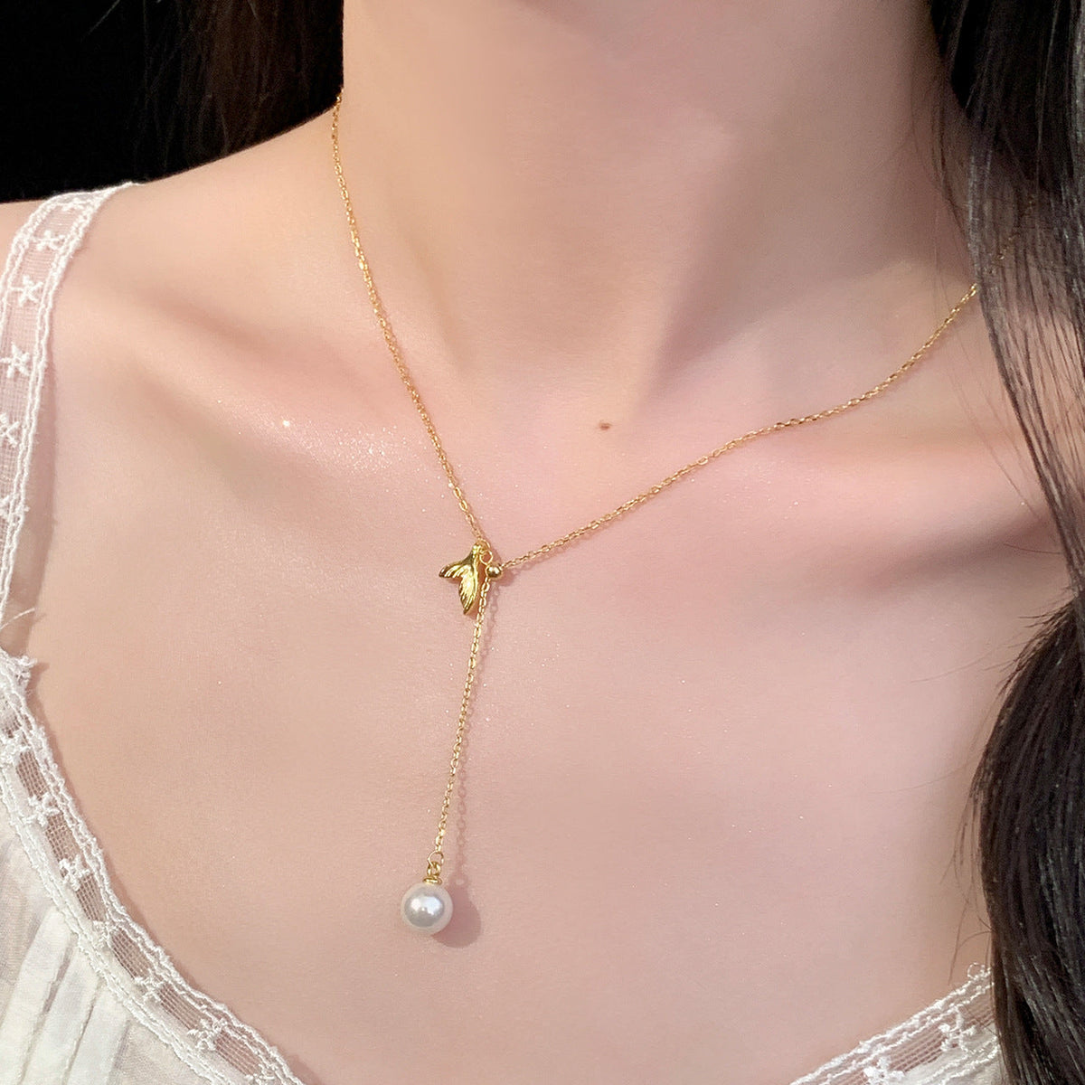 925 sterling silver fish tail pendant necklace - golden