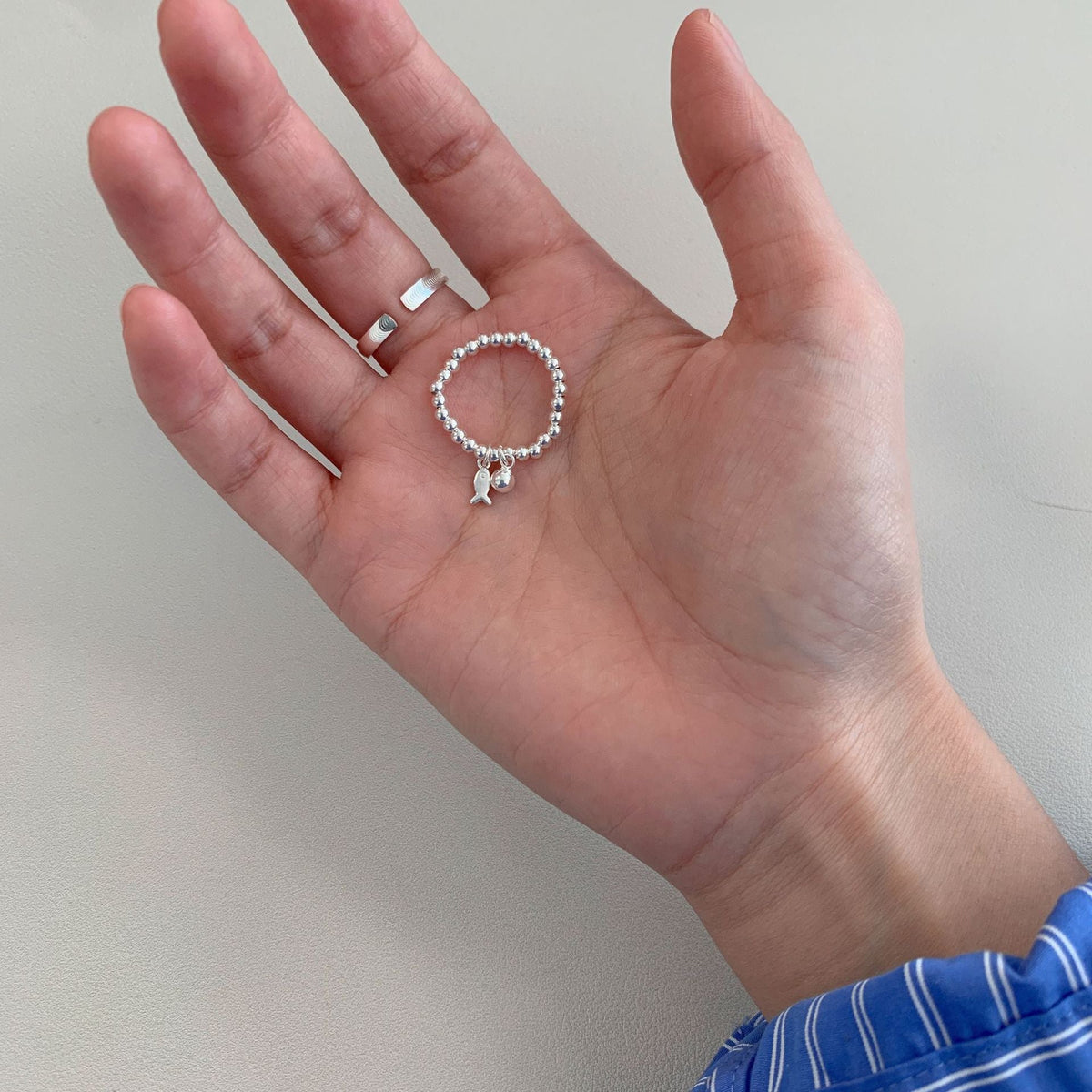 S925 sterling silver round bead elastic rope ring