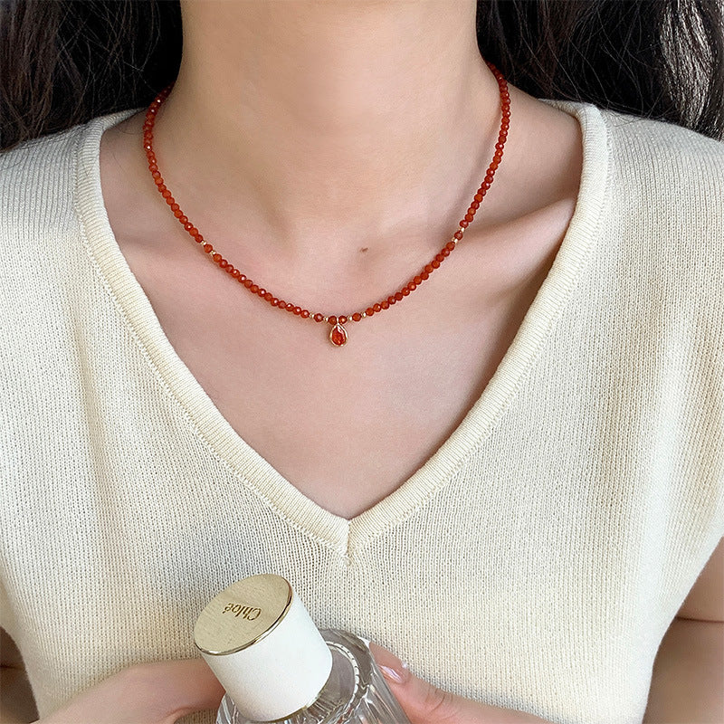 925 sterling silver red agate necklace - champagne golden