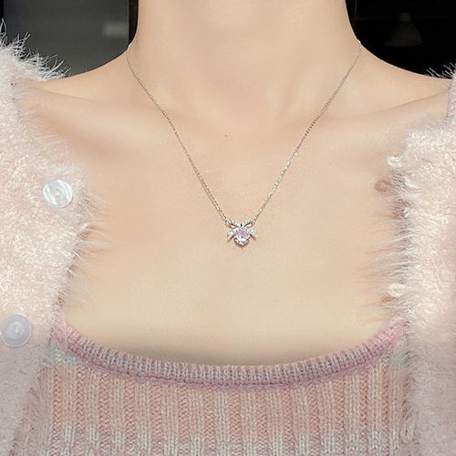 925 sterling silver bowknot with sparkling zirconium pendant necklace - silvery