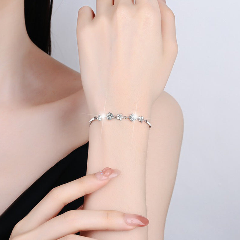 S925 Sterling Silver & Moissanite Five-Leaf Clover Bracelet