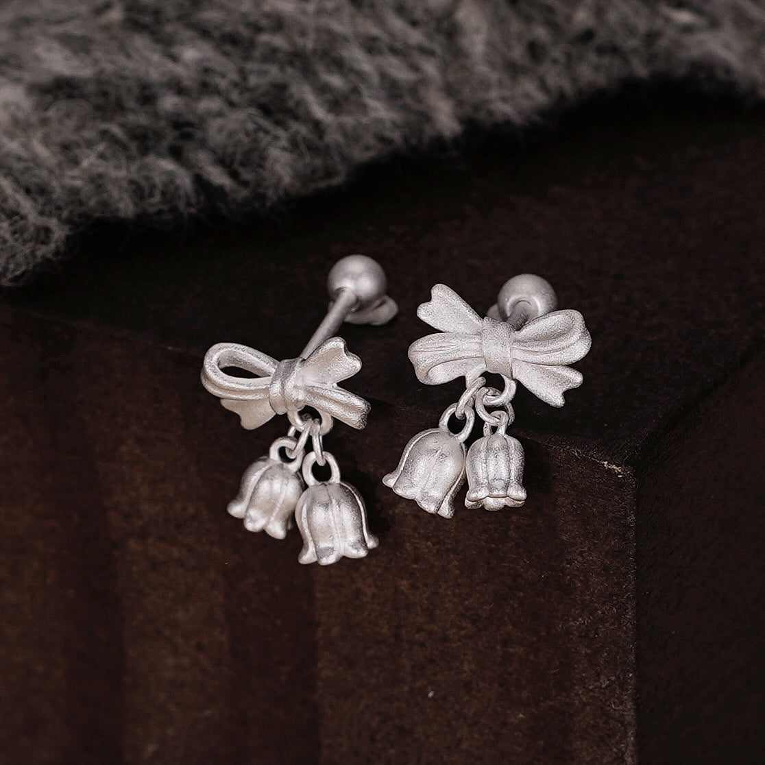 S925 pure silver bell orchid bow earrings