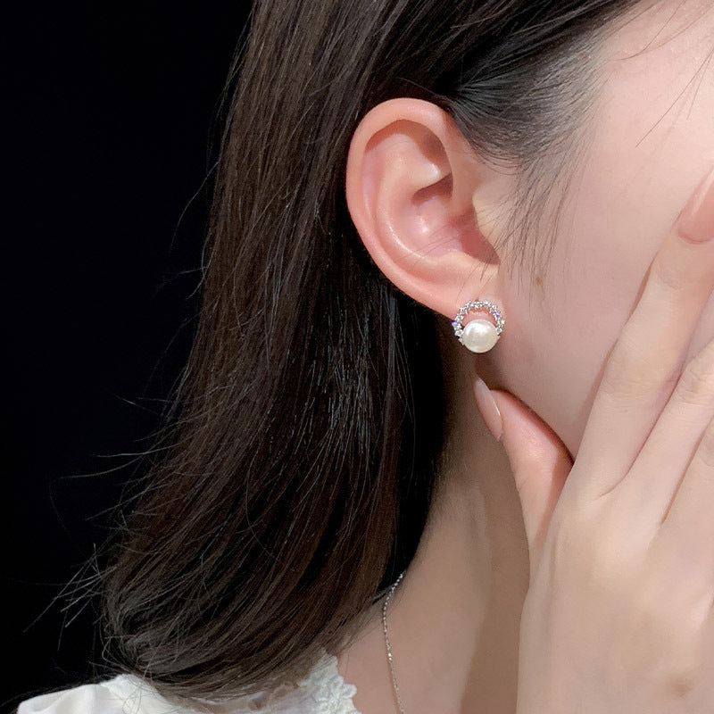 S925 pure silver freshwater pearl set with sparkling zirconium earrings