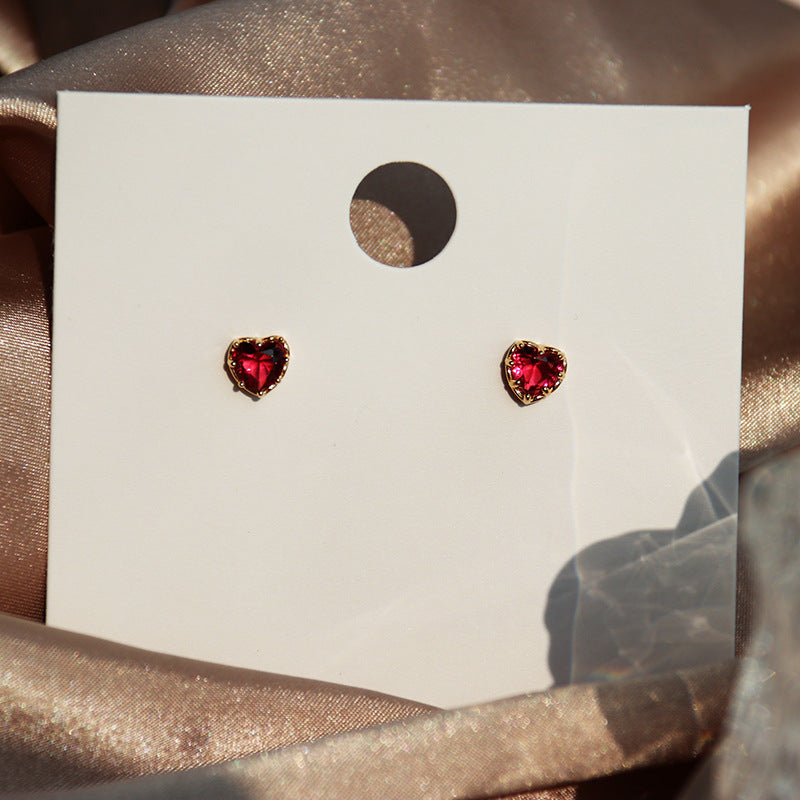 S925 sterling silver red heart earrings - champagne golden