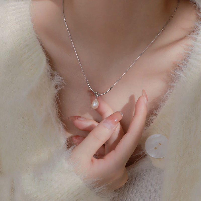 S925 pure silver single freshwater pearl knot necklace