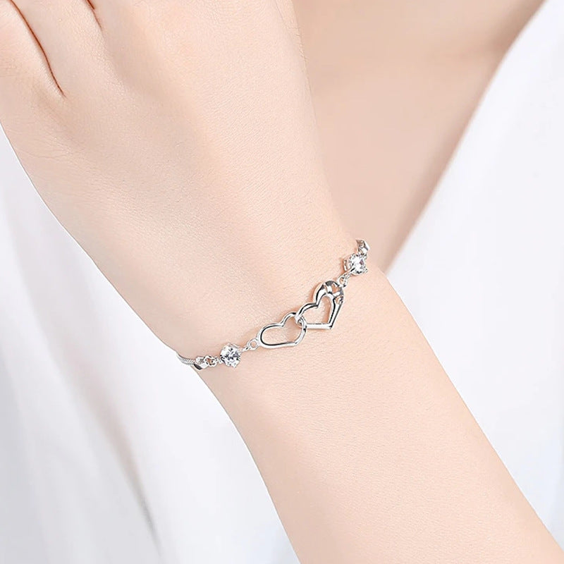 S925 Silver Moissanite Heart-Shaped Double-Ring Bracelet
