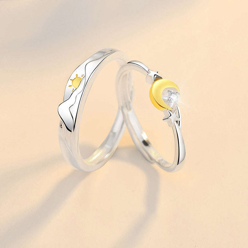 999 Silver Sun Moon Star Couple Ring - Silvery