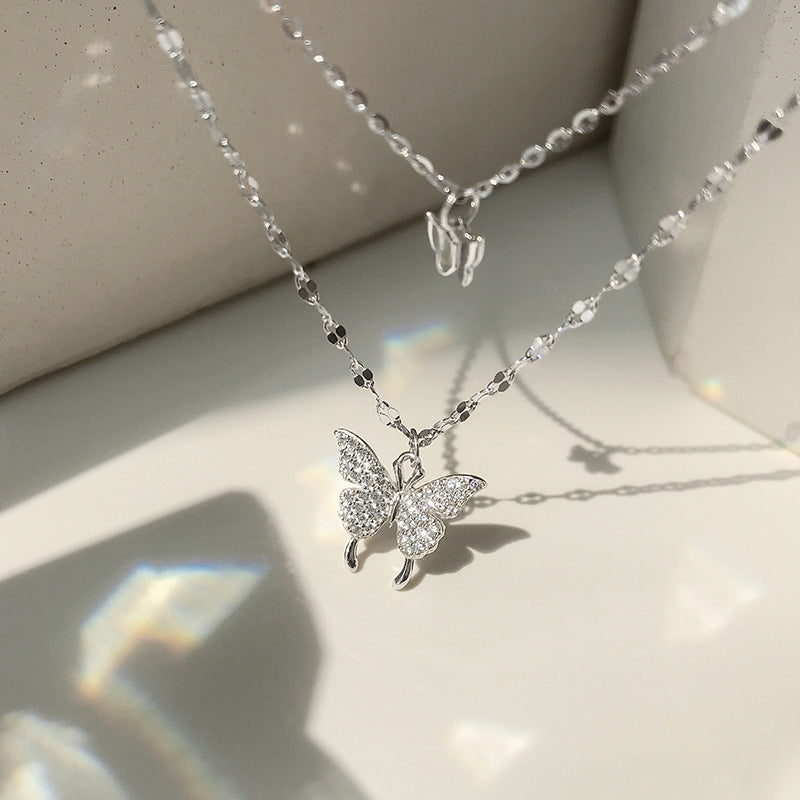 925 sterling silver butterfly double layered necklace