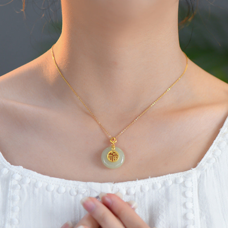 925 Sterling Silver Hotan Jade Pendant Necklace - Golden