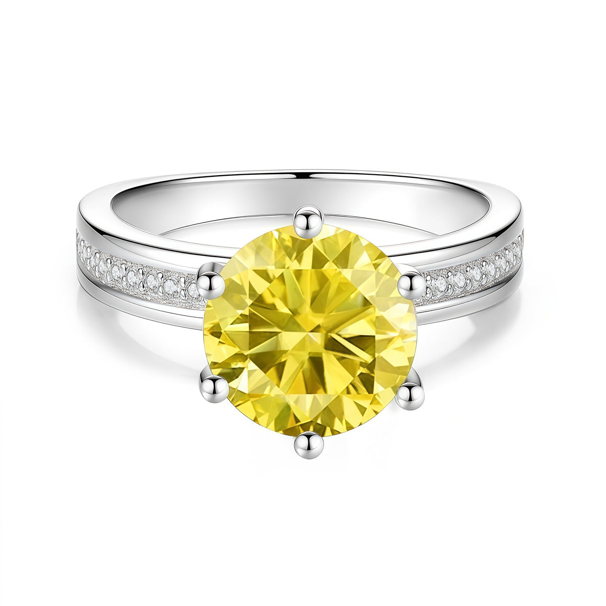S925 Sterling Silver Six-Prong Round Colored Moissanite Ring