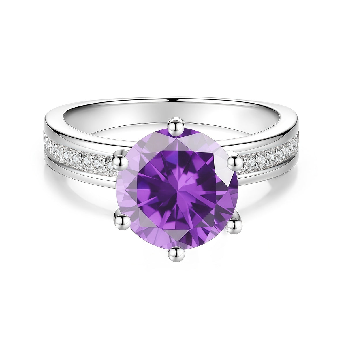 S925 Sterling Silver Six-Prong Round Colored Moissanite Ring