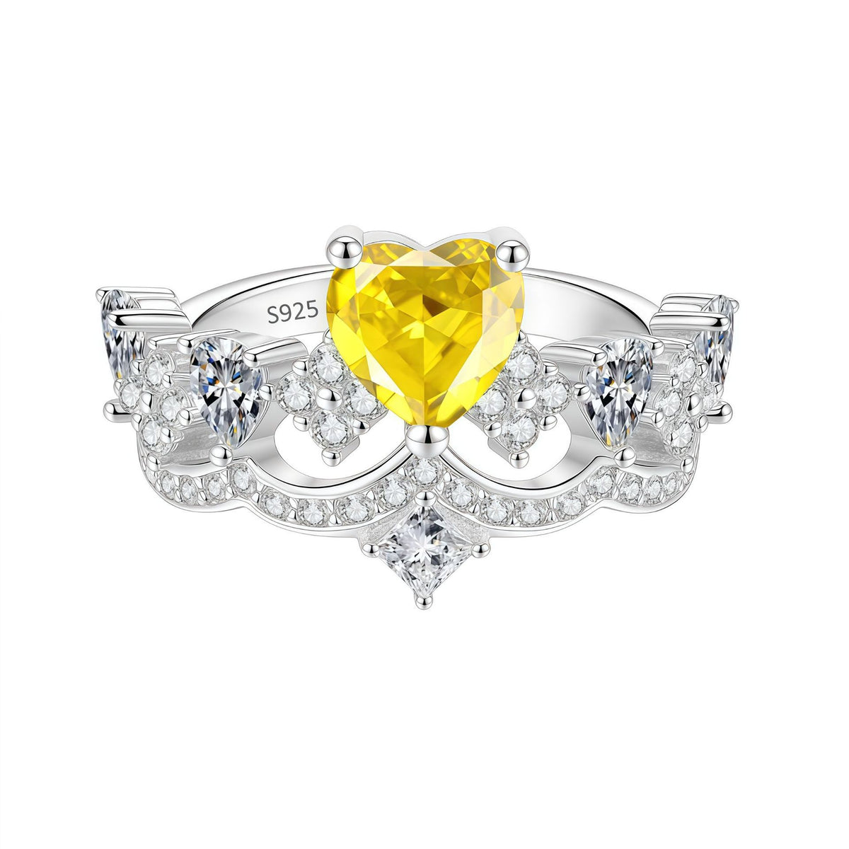 S925 Silver Heart and Crown Ring with Colorful Moissanite