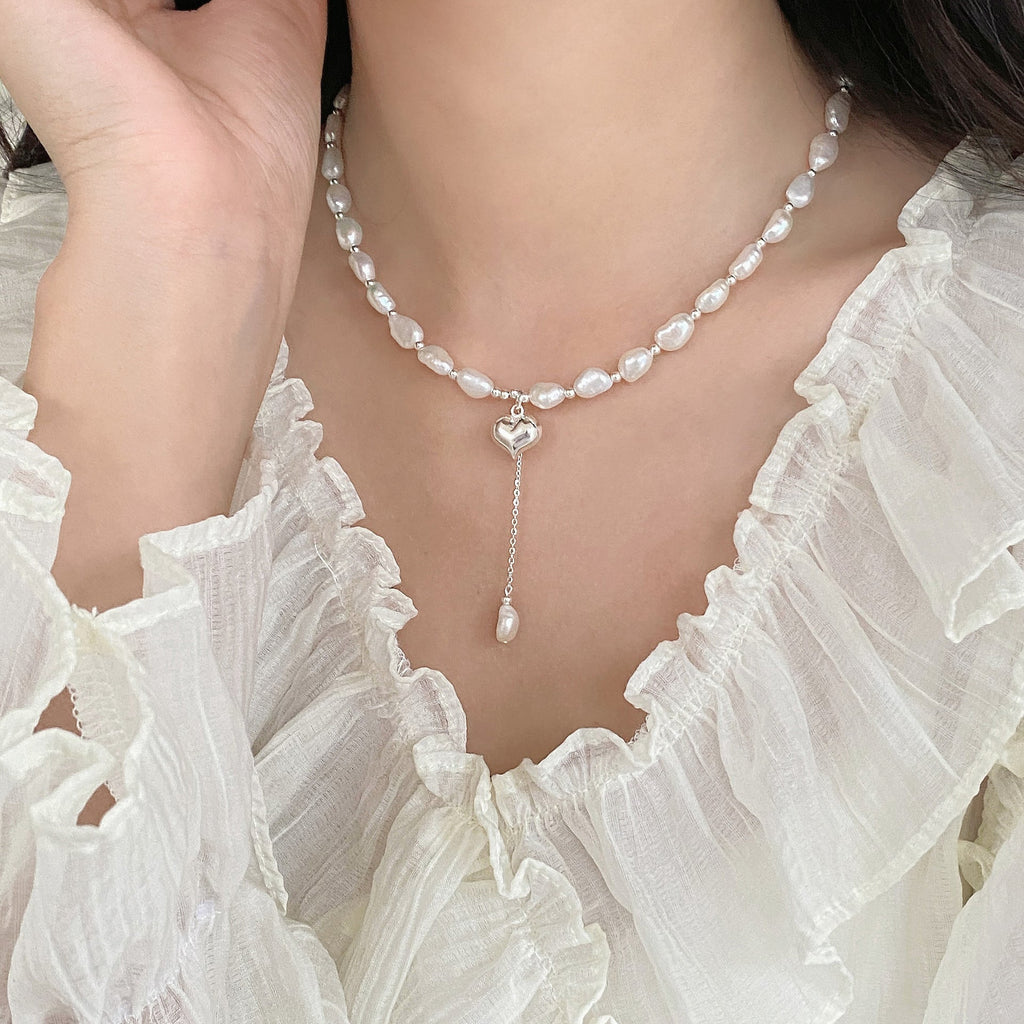 925 sterling silver Baroque pearl heart-shaped pendant necklace