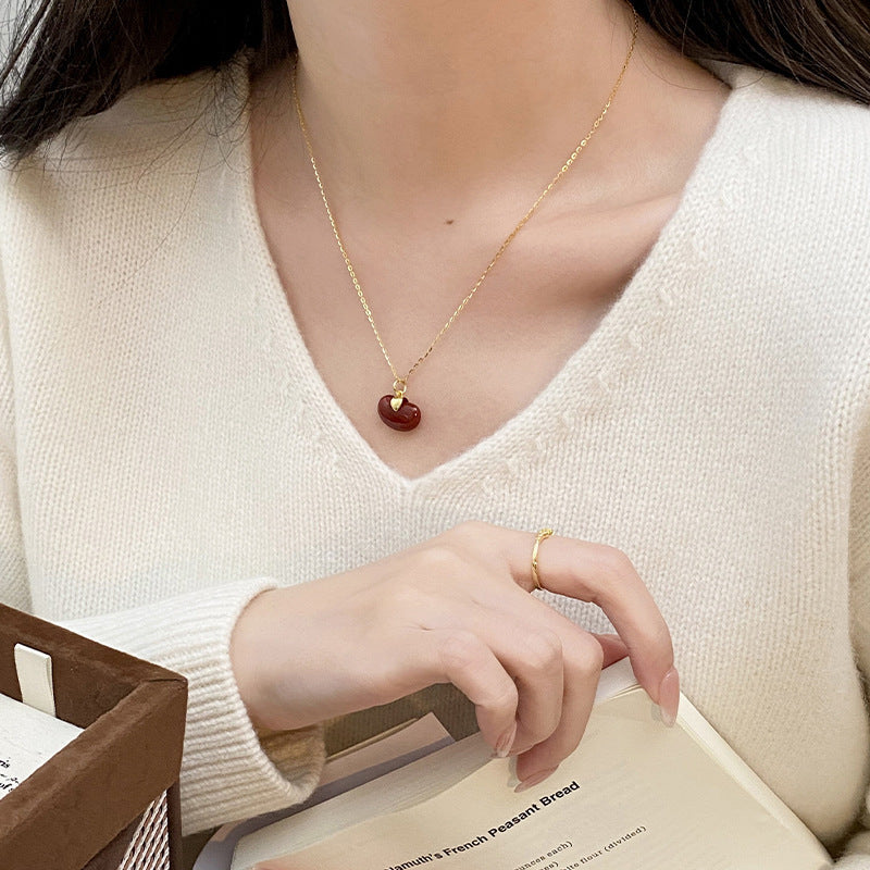 S925 Pure Silver Red Agate Pendant Necklace - Golden