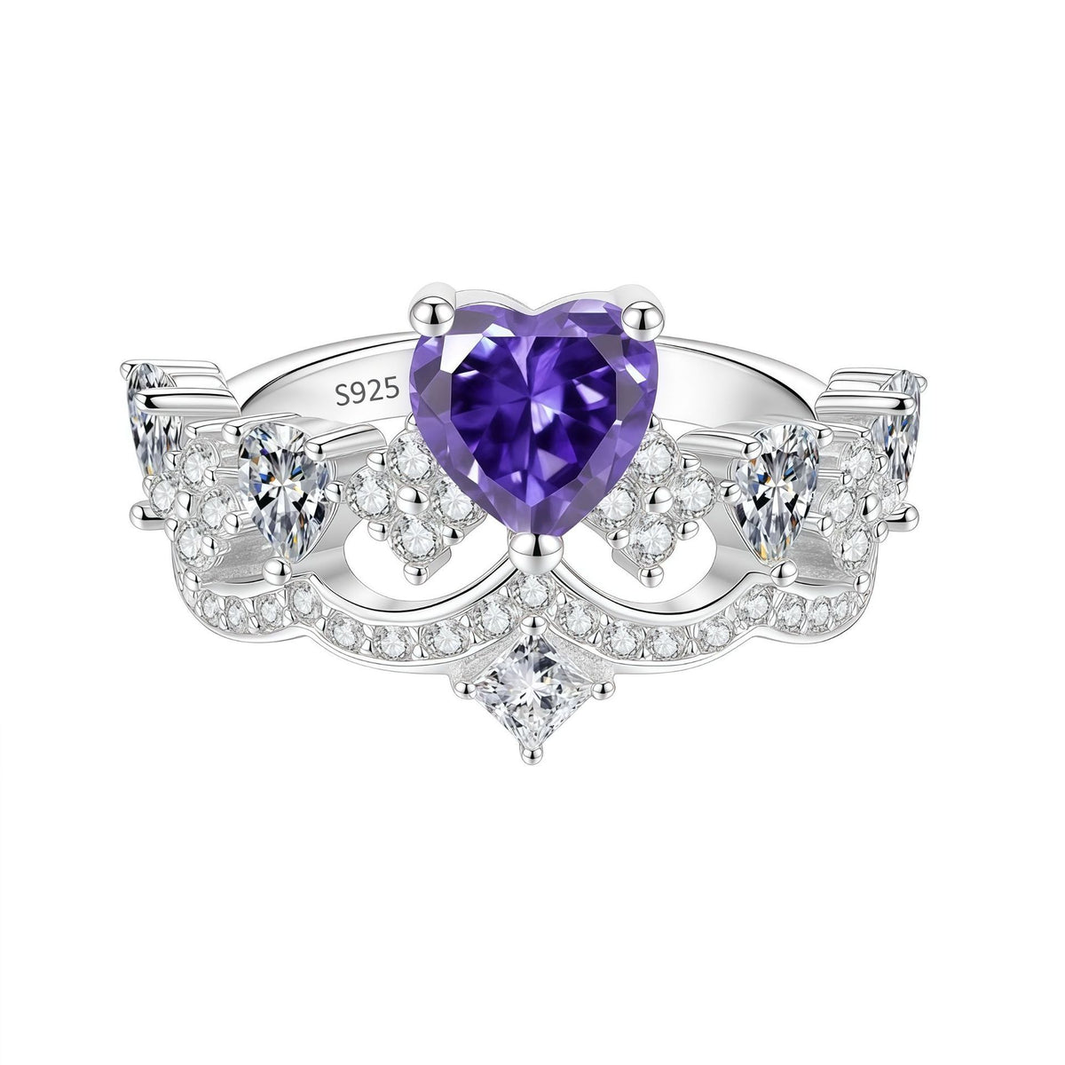 S925 Silver Heart and Crown Ring with Colorful Moissanite