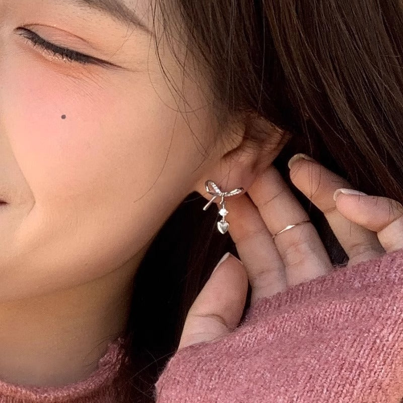 S925 sterling silver bow heart tassel earrings