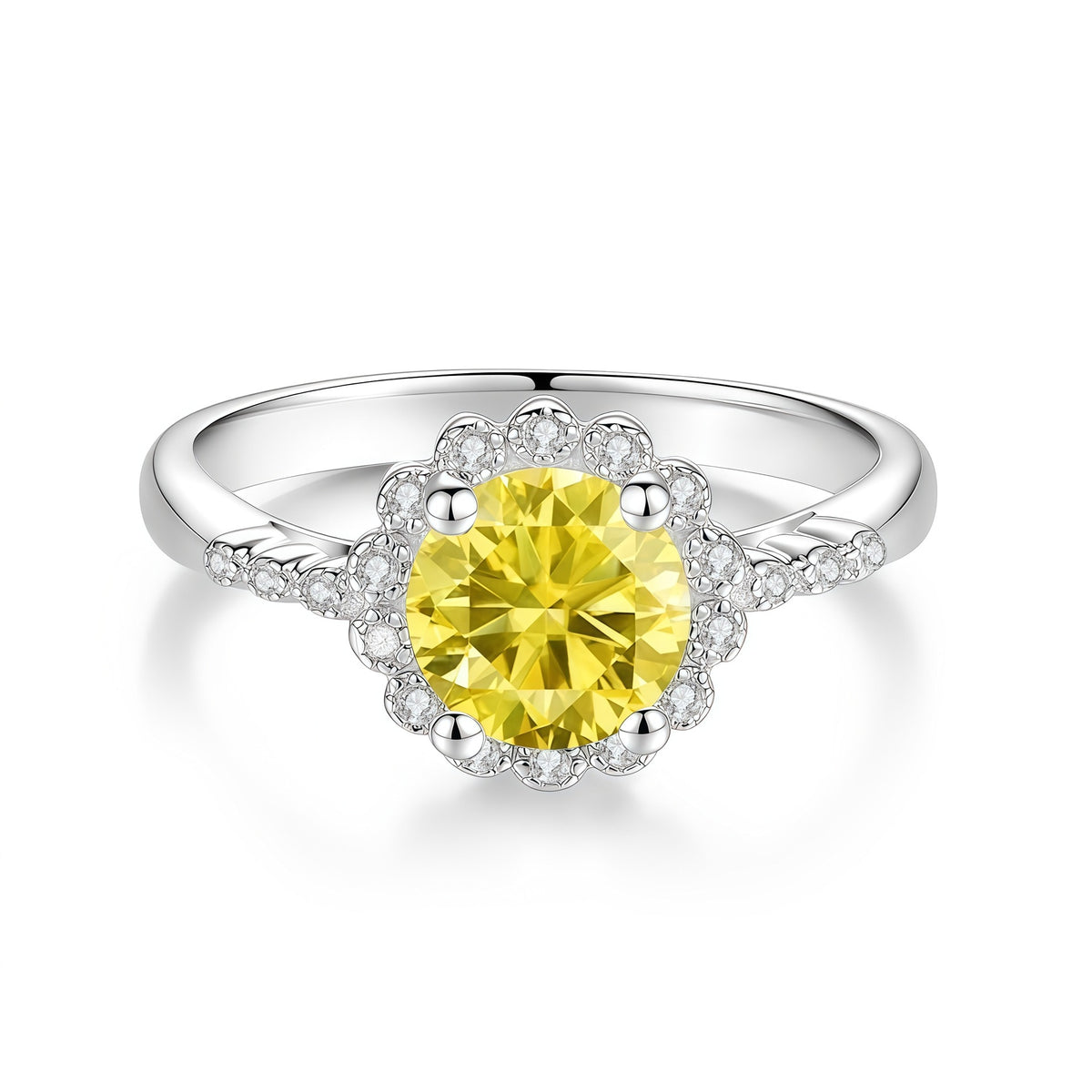 S925 Silver Flower Ring with Colored Moissanite