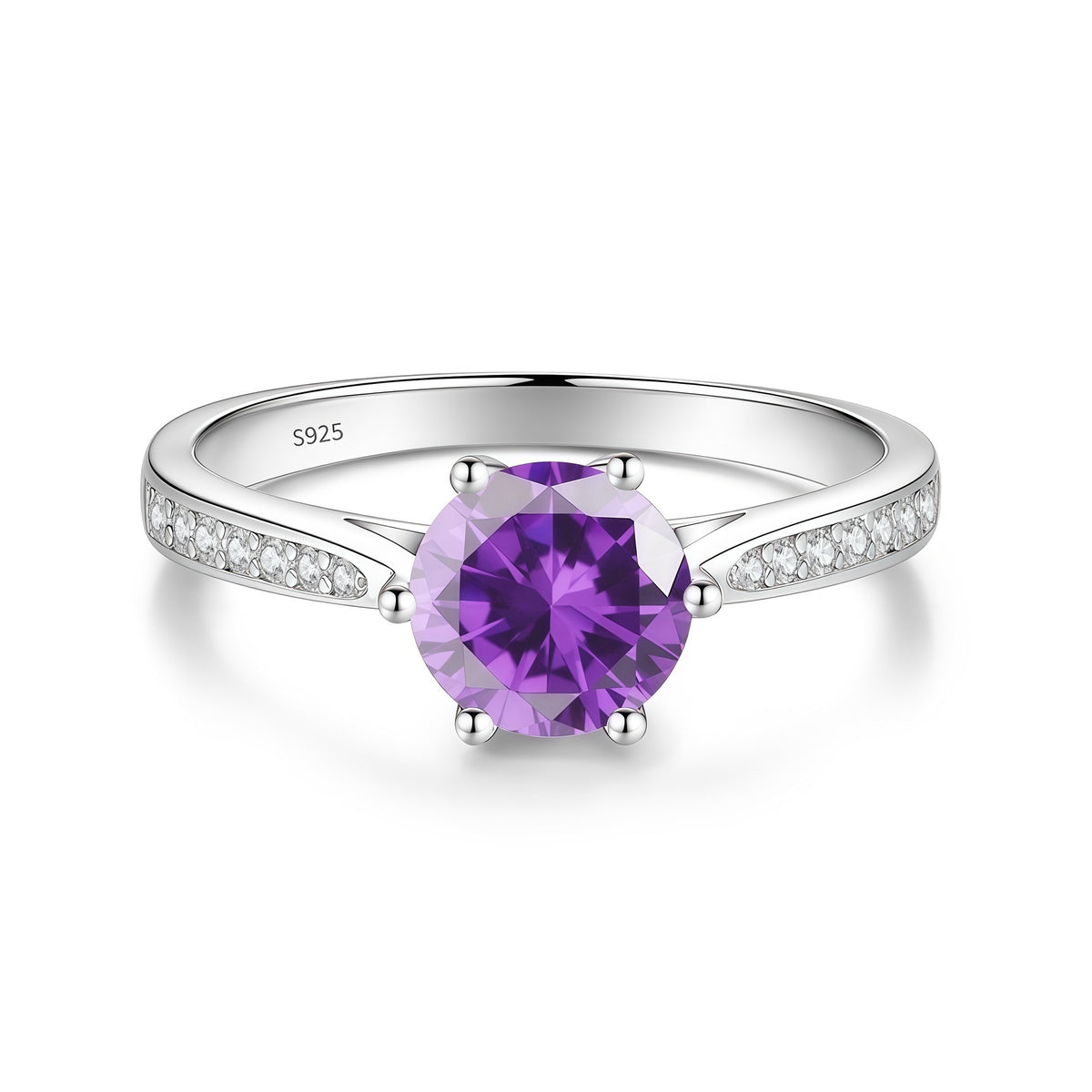 S925 Sterling Silver Six-Prong Round Colored Moissanite Ring