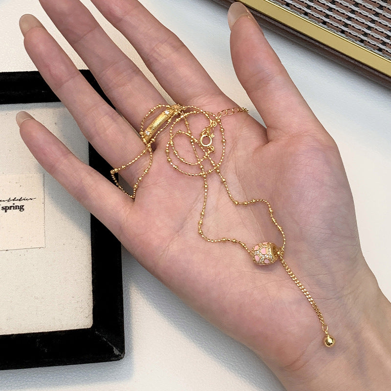 S925 pure silver inlaid zircon necklace, vintage exquisite pink drip oil craft collarbone chain.