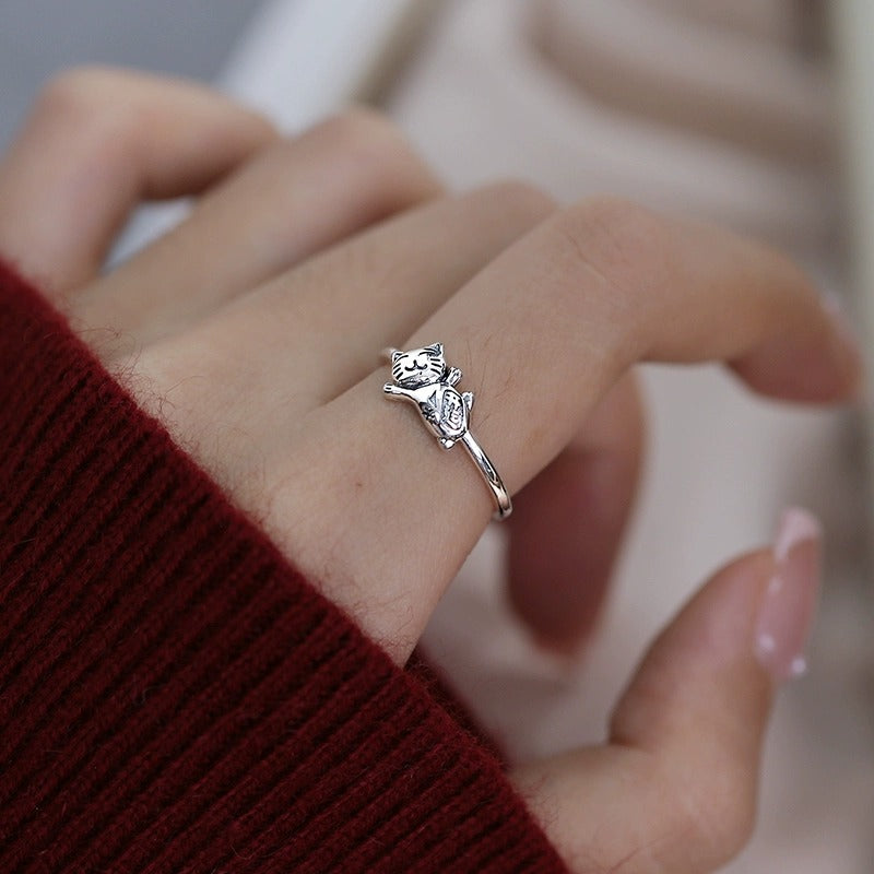 925 sterling silver cat shaped open ring - silvery