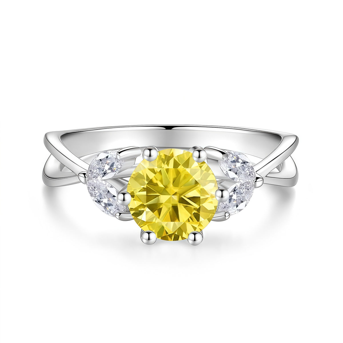S925 Sterling Silver Six-Prong Round Colored Moissanite Ring