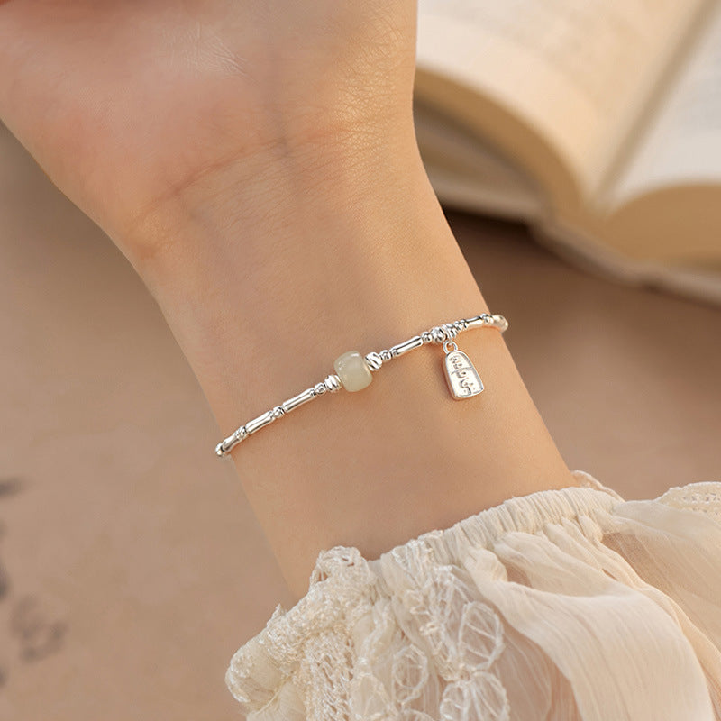925 Sterling Silver Hetian Jade Bamboo Festival Bracelet - Silvery