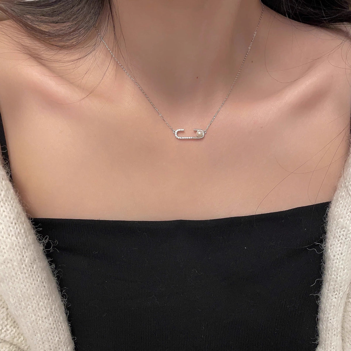 S925 sterling silver paperclip pendant necklace - silvery