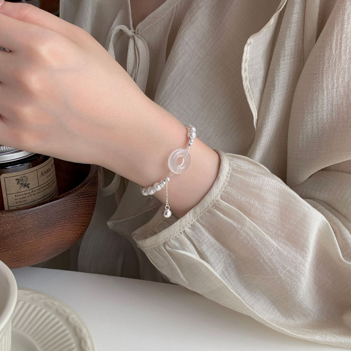 925 sterling silver white jade marrow bracelet - silvery