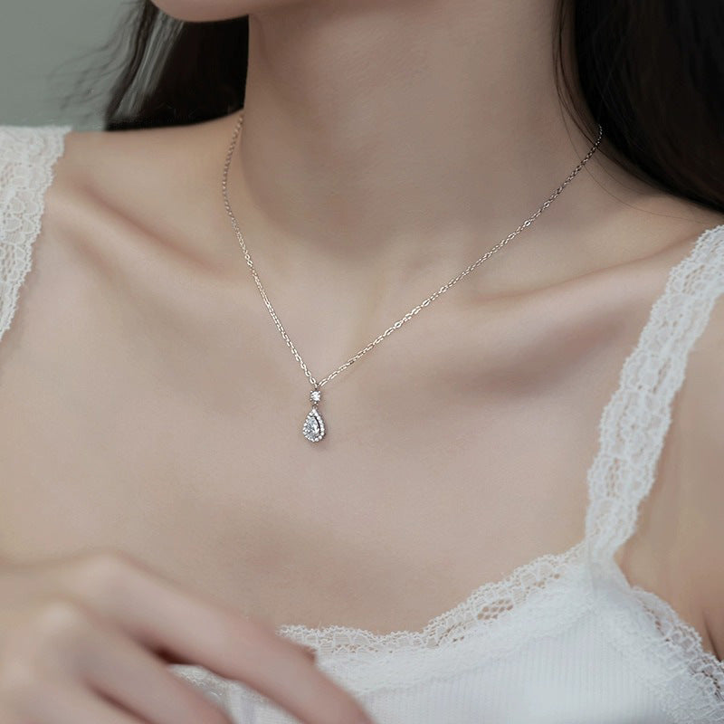  925 sterling silver water drop zircon pendant necklace - silvery
