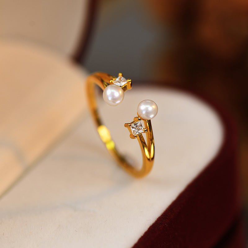 925 sterling silver pearl opening ring - golden