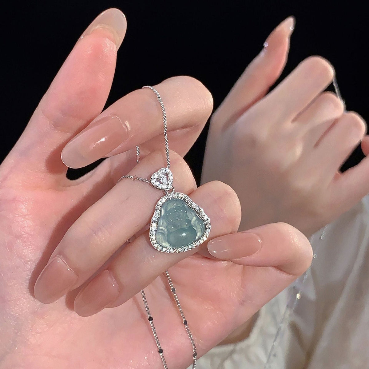 S925 pure silver jadeite Buddha pendant necklace- silvery