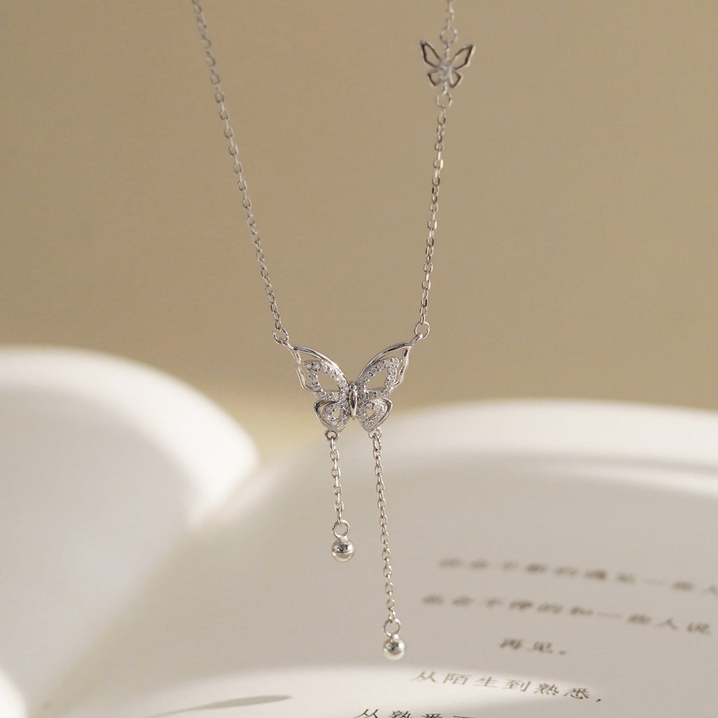S925 sterling silver butterfly bead tassel necklace