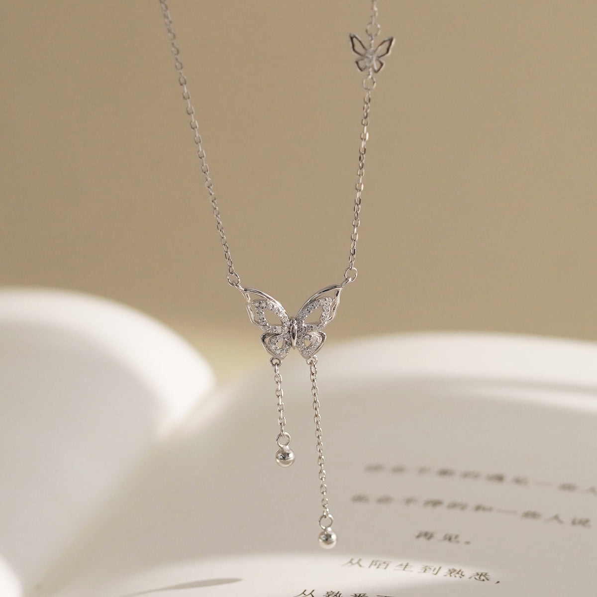 S925 sterling silver butterfly bead tassel necklace