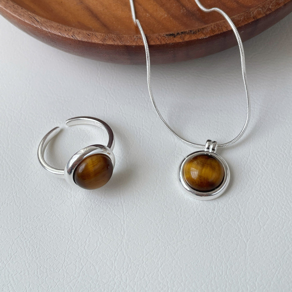 925 sterling silver tiger eye stone opening ring - silvery