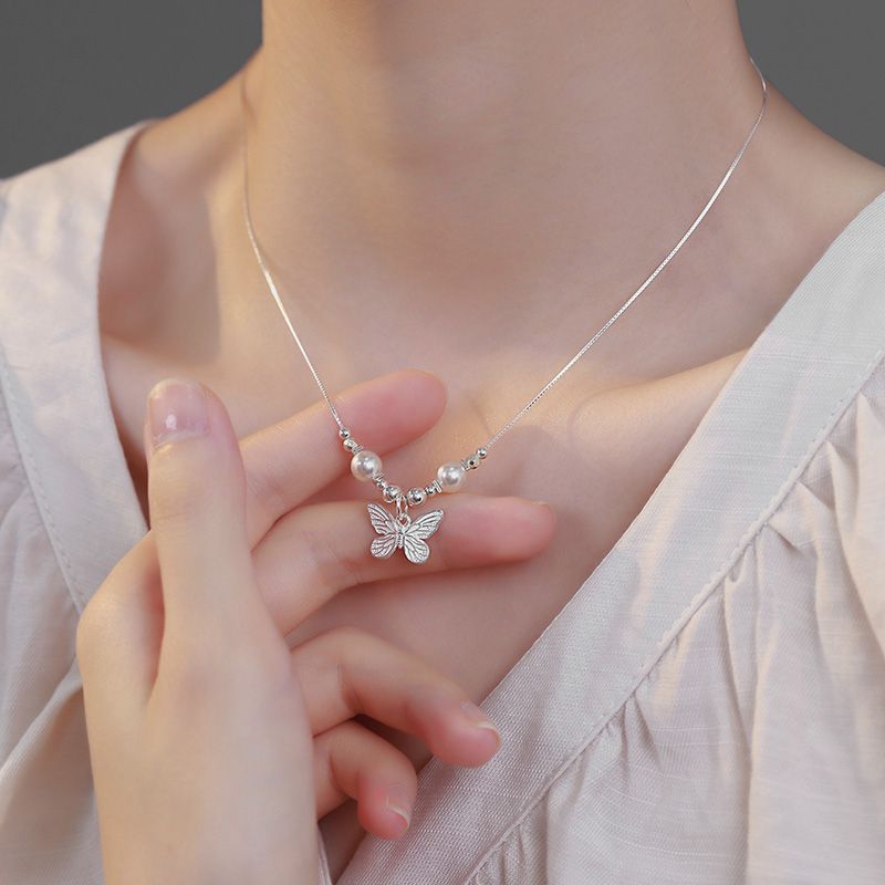 925 sterling silver butterfly pendant necklace - silvery