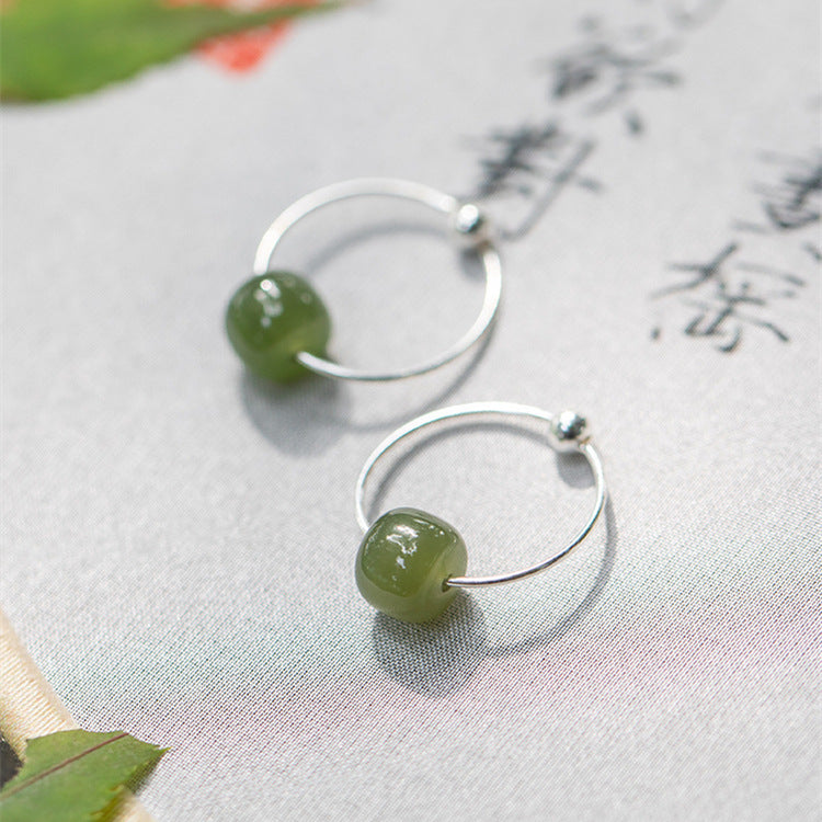 S925 Sterling Silver Natural Hotan Jade Earrings - Silver