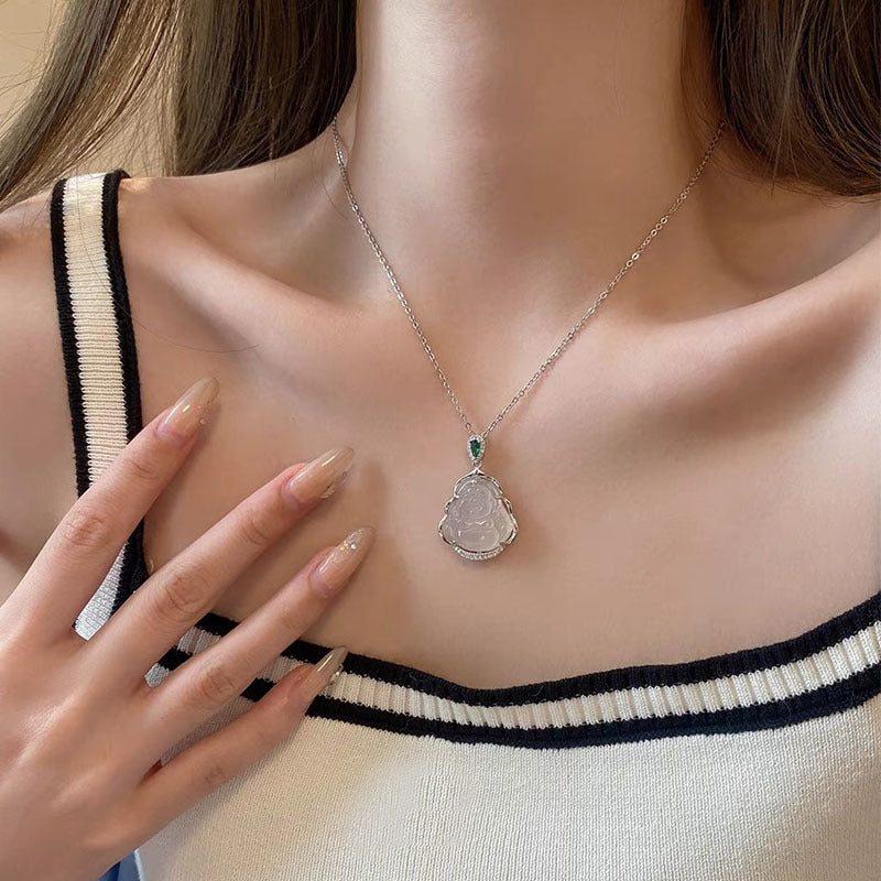 S925 Pure Silver Buddha White Jade Marrow Pendant Necklace