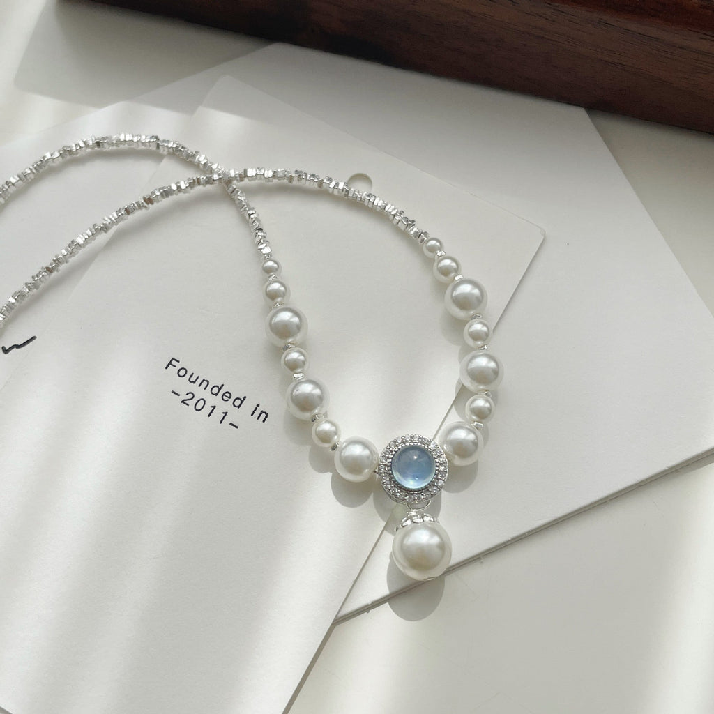 925 sterling silver pearl aquamarine pendant necklace - silver