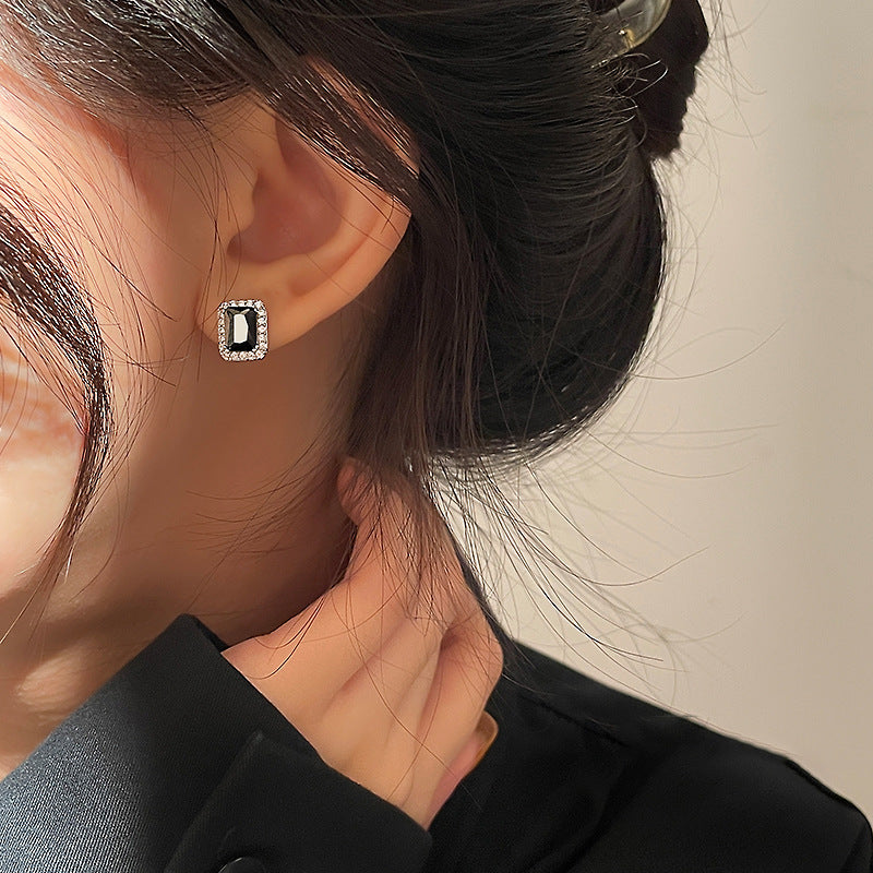 S925 sterling silver black zircon square earrings - silvery
